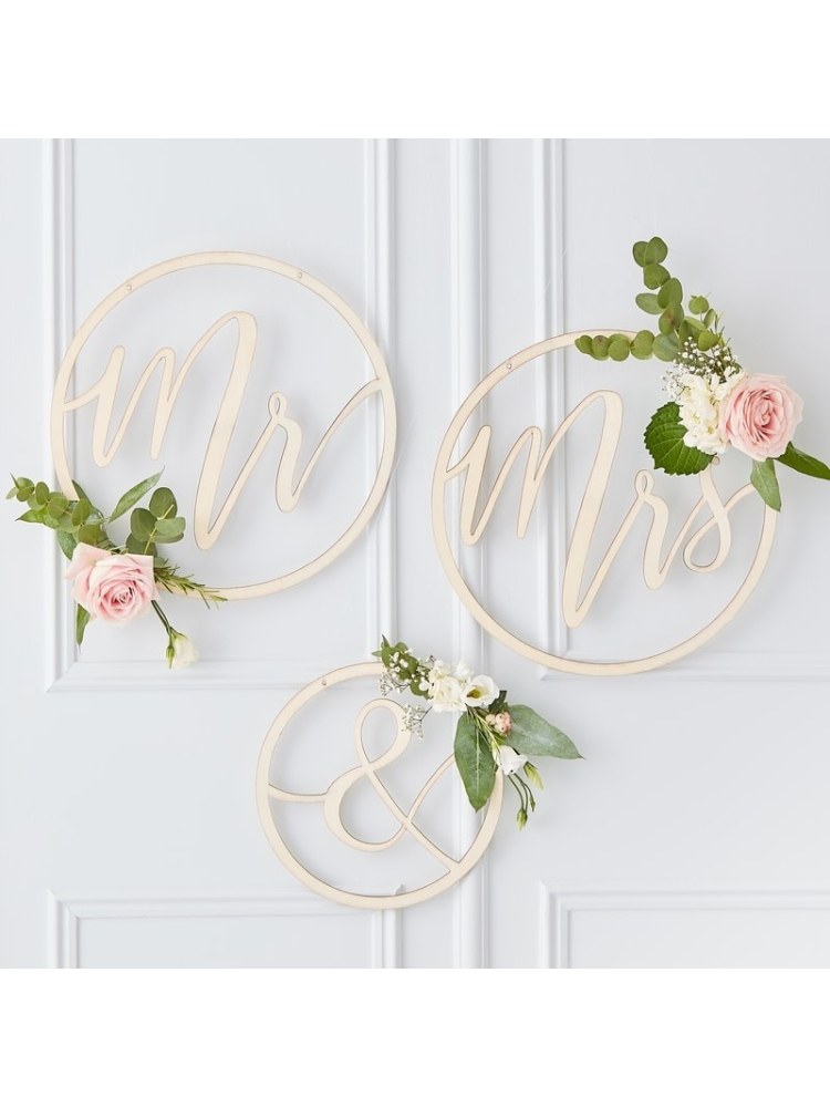 Ginger Ray GO-101 Mr & Mrs Wooden Hoops Decoration - Gold Wedding main product photo