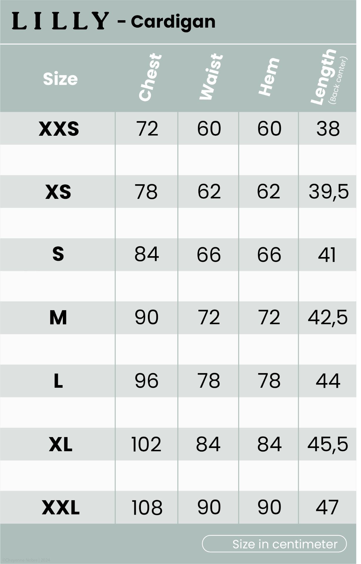 Lilly cardigan size chart