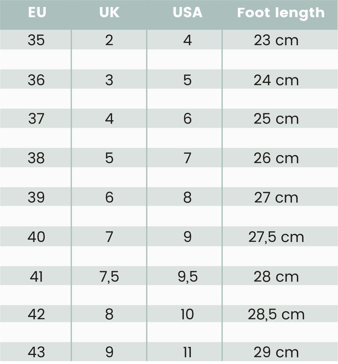 Size table wedding shoes Rachel Simpson