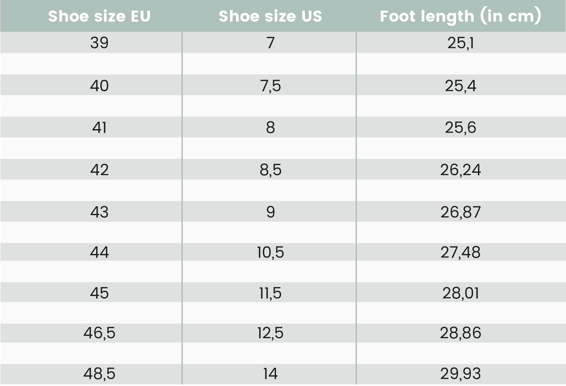 Size table wedding shoes men